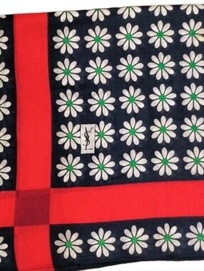 Vintage YSL Yves Saint Laurent Daisy Cotton Scarf 26" Hand Rolled Edges Navy Red